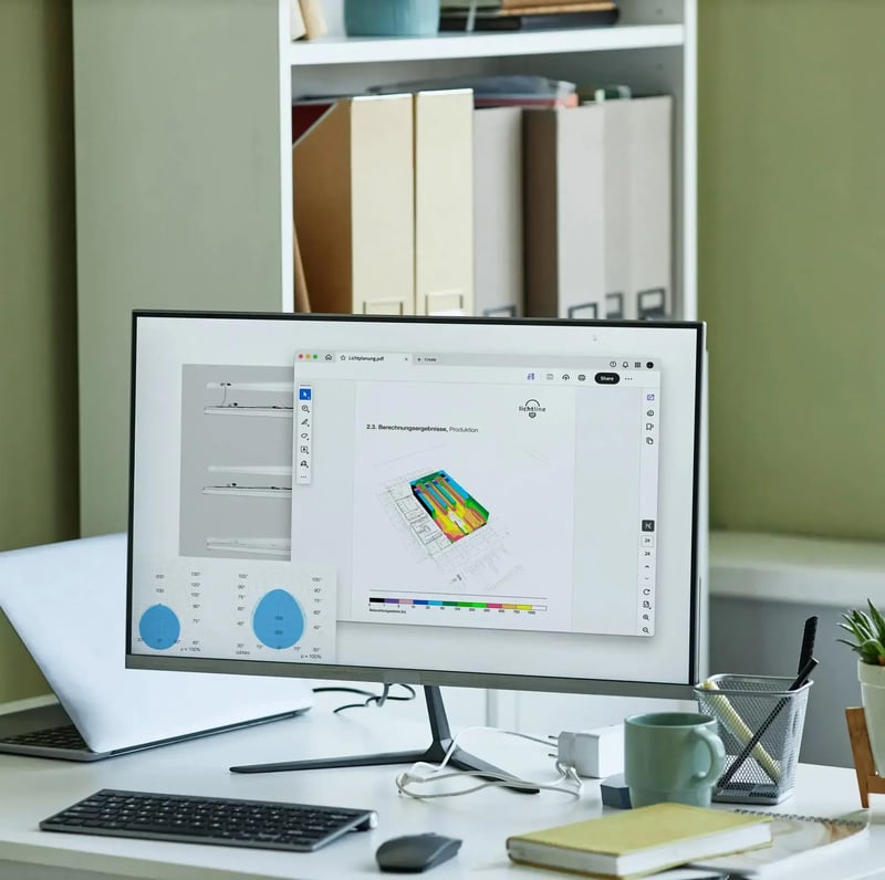 Desktop-Monitor mit einer professionellen RELUX-Lichtplanung für Industriehallen.