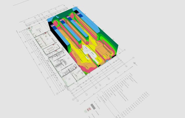 Dreidimensionale Lichtplanung für eine komplexe Industriehalle.