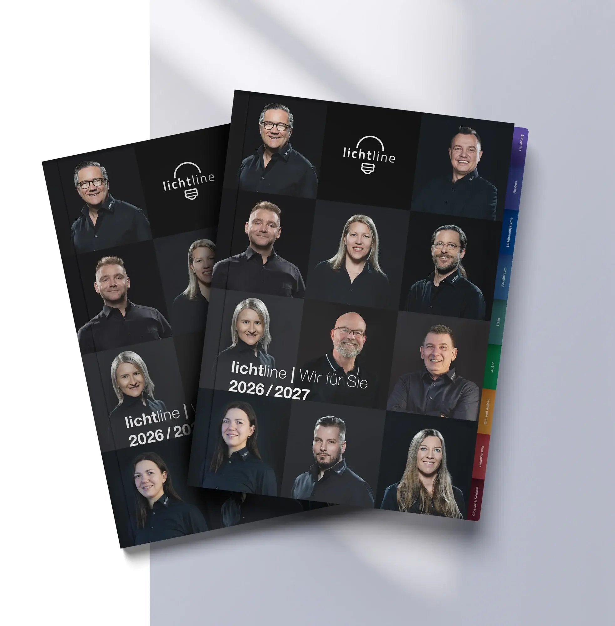 lichtline Produktkatalog 2026/2027 mit Porträts des Teams auf dem Cover.